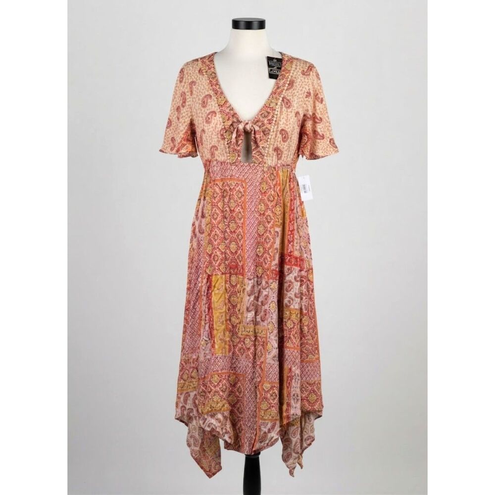 Angie Boho Patchwork Paisley Floral Tie Front Cutout Midi Dress Size S New